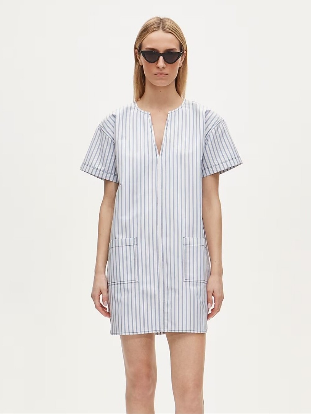 Patch-pocket pullover dress in striped structured cotton poplin